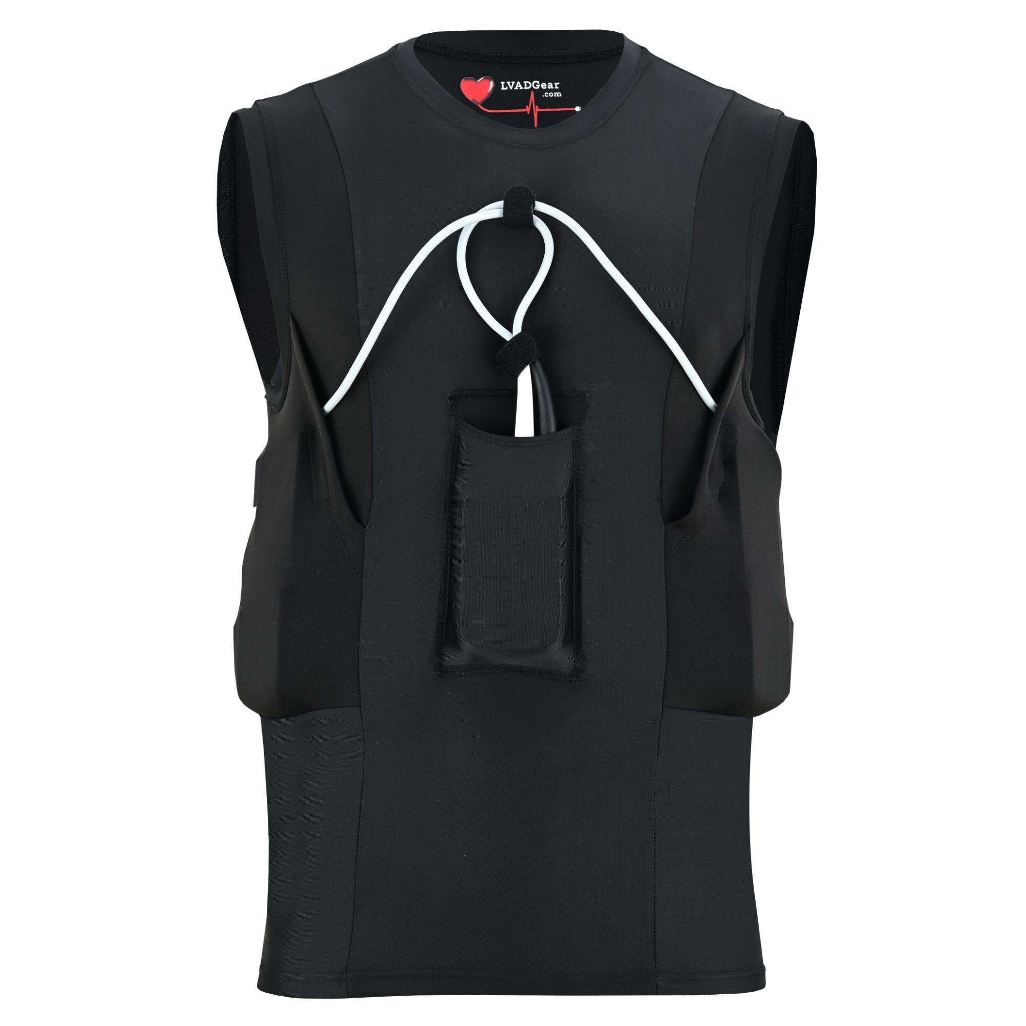 Black LVAD men’s tank top with loose fit, side battery pockets, front controller pocket, and discreet spandex design.